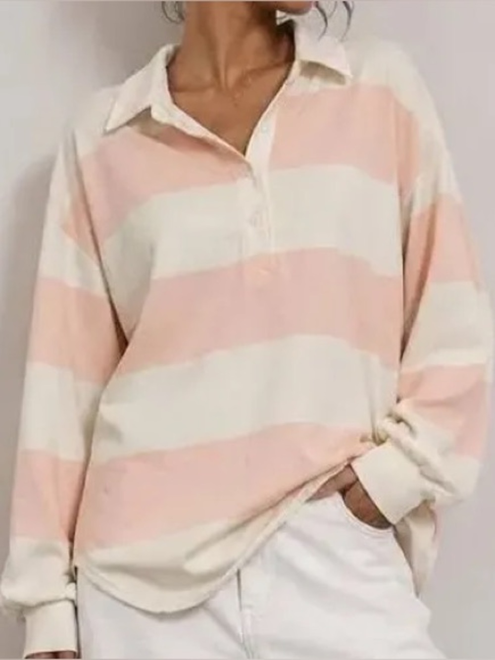 Aerie Pink Cream Striped Oversized Rugby Polo Sweatshirt Women’s M